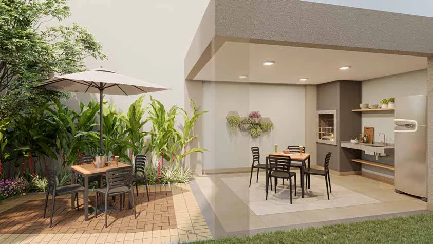 Churrasqueira – perspectiva ilustrada do lazer do Ares do Horto Pau Brasil, apartamentos de 2 dormitórios no Campo Limpo, São Paulo
