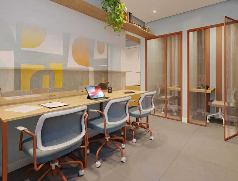Coworking – perspectiva ilustrada do lazer do Ares do Horto Pau Brasil, apartamentos de 2 dormitórios no Campo Limpo, São Paulo