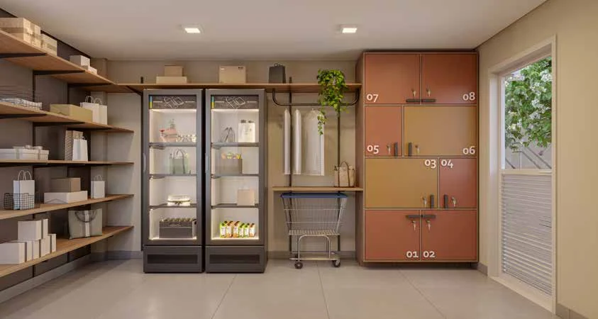Área de entregas – perspectiva ilustrada do lazer do Ares do Horto Pau Brasil, apartamentos de 2 dormitórios no Campo Limpo, São Paulo