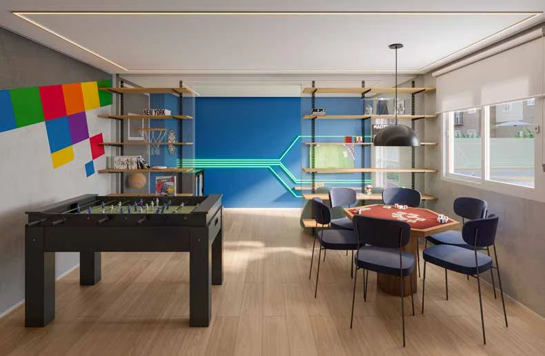 Salão de jogos – perspectiva ilustrada do lazer do Ares do Horto Pau Brasil, apartamentos de 2 dormitórios no Campo Limpo, São Paulo